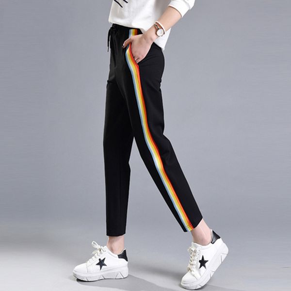 

spring summer women casual sweatpants rainbow striped printed side pant ladies loose trousers joggers sweat pants plus size 210426, Black;white