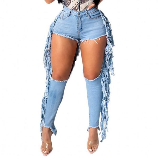 

ripped hole high waist women jean cut out tassel pencil pants splicing trousers vintage stretch flare denim, Blue