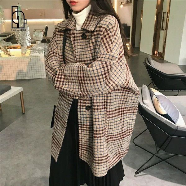 

women's wool & blends womens autumn winter long thicken loose coat student korean plaid outerwear single-breasted woolen jacket, Black