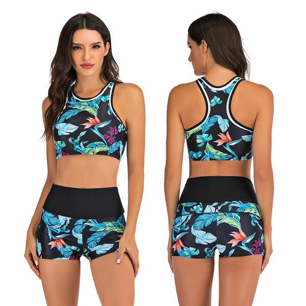 

two-piece suits women bikini leaves flowers print elastic sports vest shorts crop swimwear lady beachwear swimsuit beach suit set