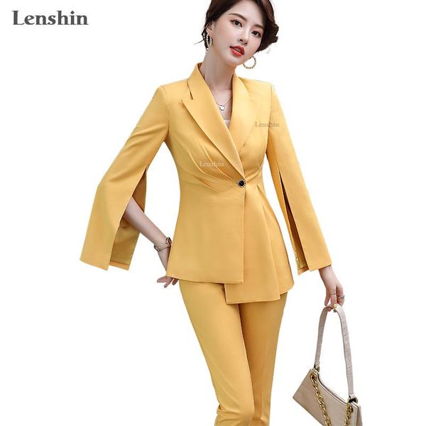 

lenshin high street fashion style 2 piece suit set for women candy color pant suits office lady casual blazer with trouser women's two, White