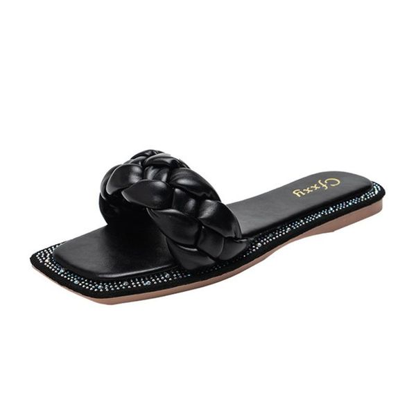 

women's shoes slippers summer three-color woven casual flat color diamond trim commuter sandals, Black