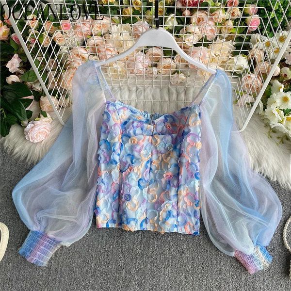 

women's blouses & shirts oceanlove short blusas mujer fashion chiffon 2021 autumn mesh patchwork sweet 17489, White