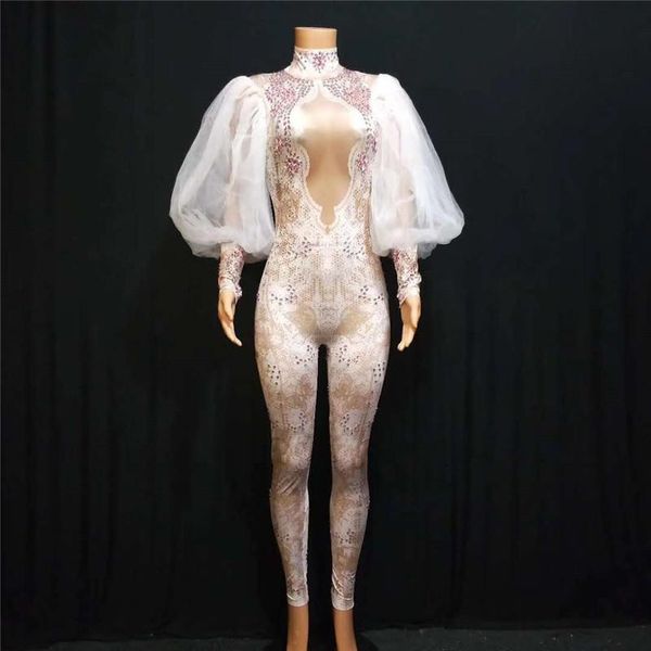 

party dance stage costumes lace sleeve bodysuit rhinestone jumpsuit singer wears white outfits bar performance dress clothes decoration