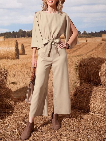 

emery rose slit sleeve wide leg belted jumpsuit e6yo#, White