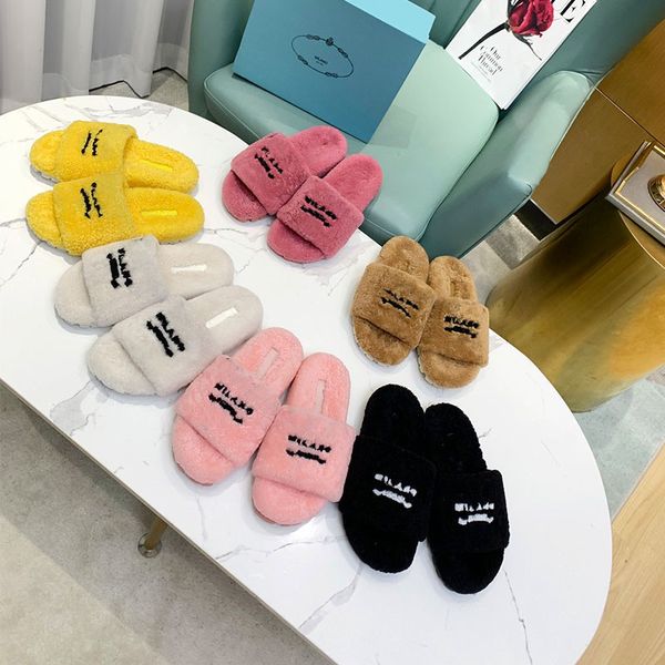 

wholesale designer luxury womens woolen flat slippers faux shearing winte warm fur slides rubber sole pink flufy slide loafers size 35-42, Black
