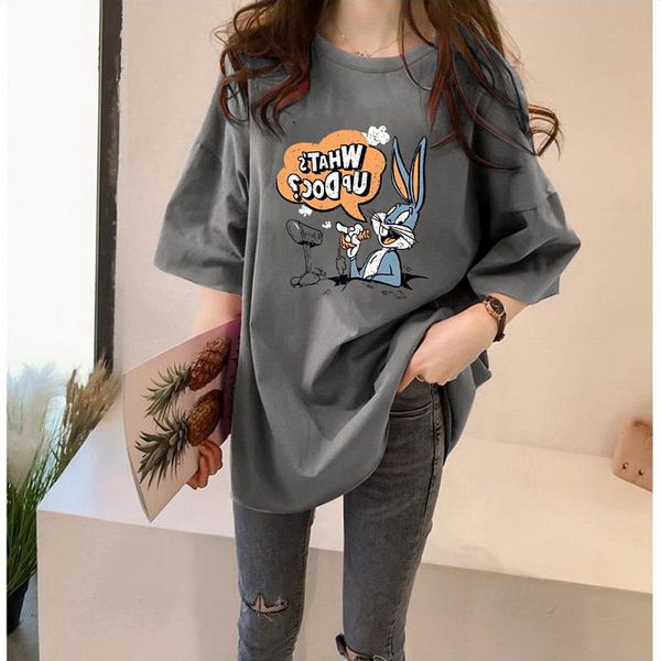 

women's t-shirt 2021 loose bottomed summer casual women cartoon graphic print medium long cute short sleeve fashion versatile top, White