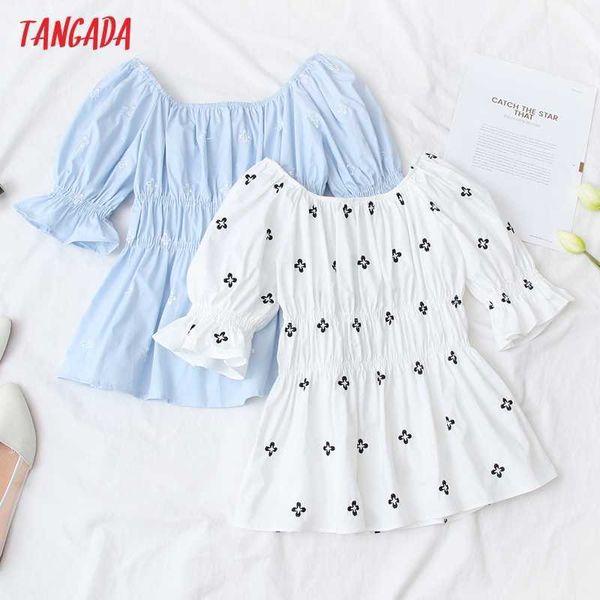 

tangada women retro embroidery romantic cotton blouse shirt short sleeve chic female shirt 5n16 210609, White