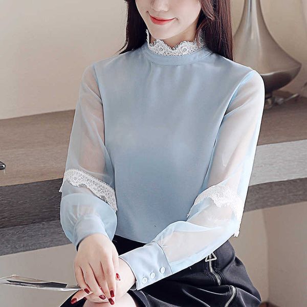 

korean chiffon women blouses woman white shirt long sleeve plus size office lady lace mesh shirts 210531