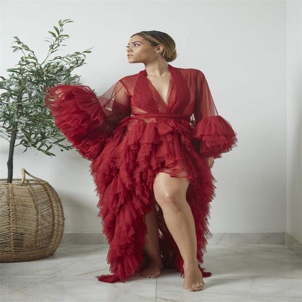 

women's sleepwear real image women night gown pajama hi lo red bathrobe bride ruffles soft tulle robes custom made pregnant dress, Black;red