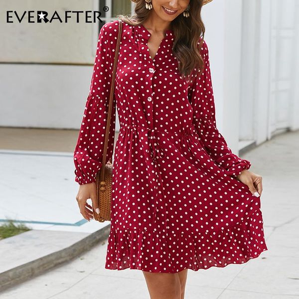 

casual dresses everafter elegant dot print dress women stand long sleeve ruffles button drawstring spring holiday mini, Black;gray