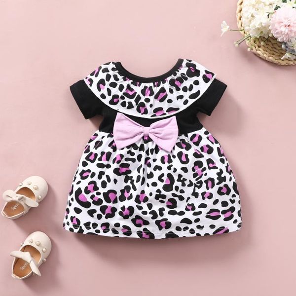 

baby summer girl's leopard print bow decorated short sleeve dress for little girl dresses, Red;yellow