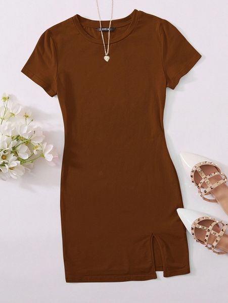 

solid split hem t-shirt dress p7yj#, Black;gray