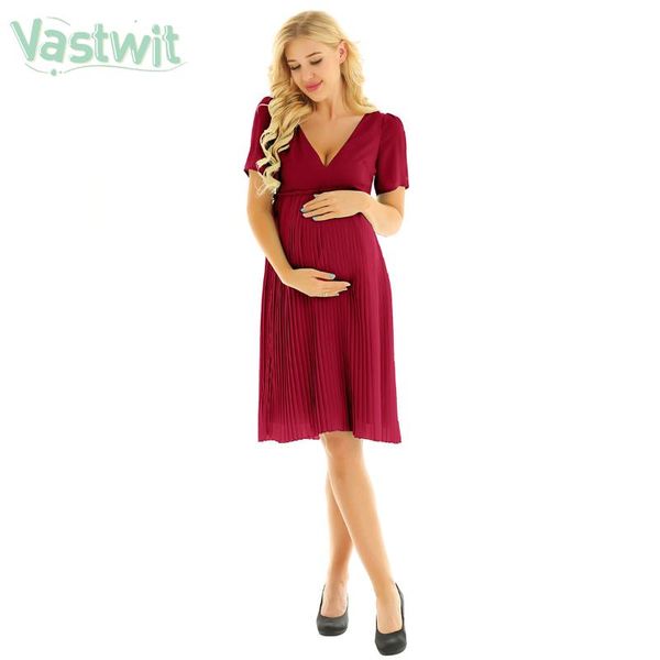 

maternity chiffon deep v dresses pregnant women wedding pleated dress pregnancy cocktail party po shoot clothing, White