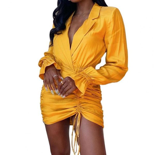 

casual dresses flared sleeve dress deep v neck 2 colors pleated drawstring bodycon for dating women's clothing street wear black, Black;gray