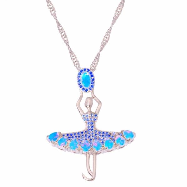 

fashion blue opal ballerina pendant necklaces silver color fairy crystal zircon chian necklace women boho jewelry birthday gift