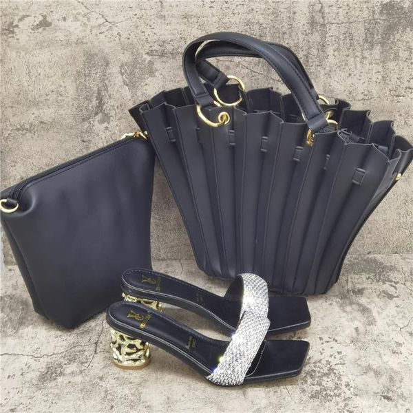 

dress shoes italian design with matching bag for women african ladies shoe and set decorated rhineston metal decoration, Black