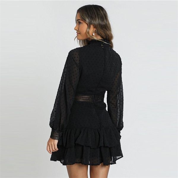 

women ruffled lace stitching hollow out autumn long lantern sleeve stand collar mini dress ladies party club wear d25, Black;gray