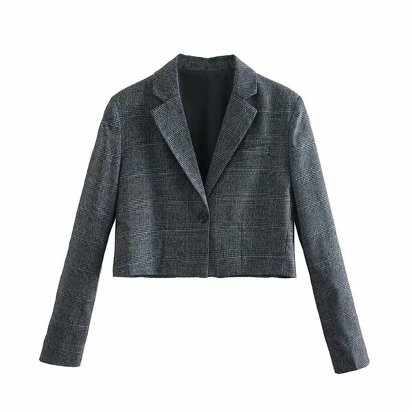 Vintage Frauen Grau Plaid Jacken Mode Büro Damen Kerb Kragen Blazer Streetwear Weibliche Chic Kurze Mäntel 210527