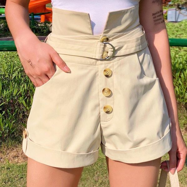 

women's shorts high waist 2021 summer fashion slim bag hip belt button, White;black