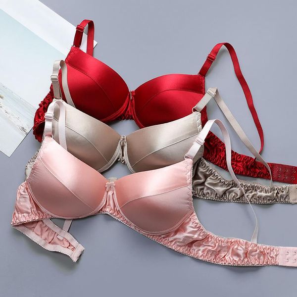 

bras silk bra women solid color thin push up back closure underwear brassiere female seamless breathable bralettes lingerie, Red;black