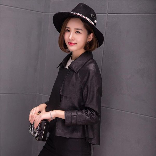 

women's leather & faux shzq spring clothes short sheep jacket, Black