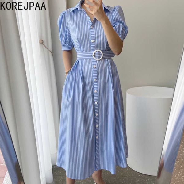 

korejpaa women dress summer korean fashion retro lapel single breasted blue plaid medium length shirt dresses with belt 210526, Black;gray