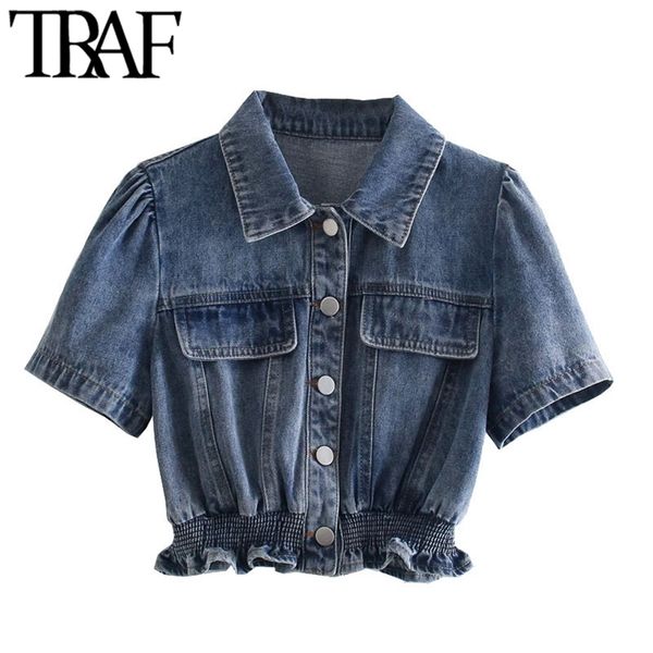 

women fashion with elastic hem ruffle cropped denim blouses vintage puff sleeve button-up female shirts chic 210507, White