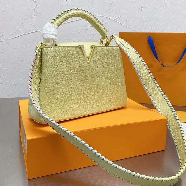 

ysiykiy capucines women fashion handbag crossbody bags shoulder tote bag litchee pattern genuine leather braided bicolor strap handbags purs