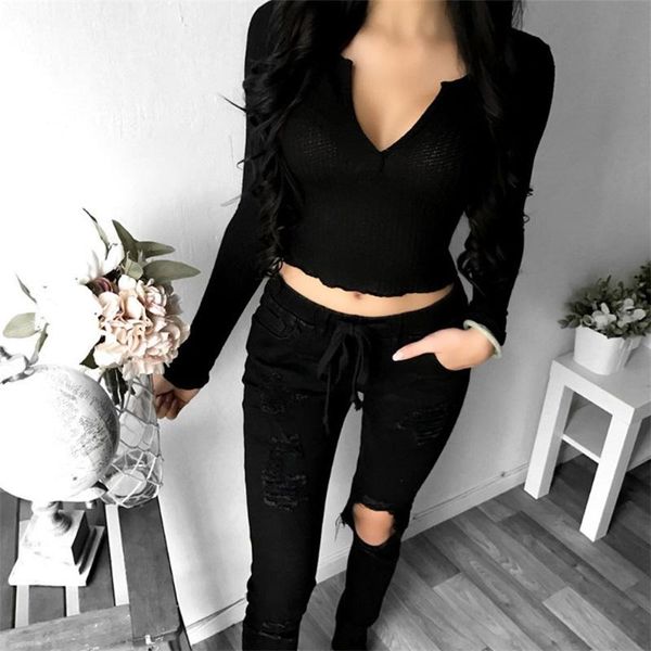 

women's solid color t-shirt long sleeve v neck low-cut crop ladies casual slim autumn wild base daily shirt, White
