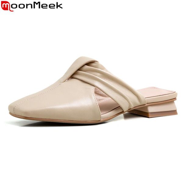 

slippers moonmeek 2021 brand women genuine leather solid color casual shoes comfortable low heel square toe mules, Black