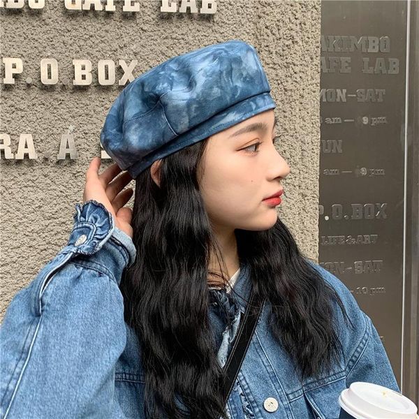 

berets spring and autumn tie-dye denim beret female ins casual retro hip-hop street gradient japanese wild painter hat, Blue;gray