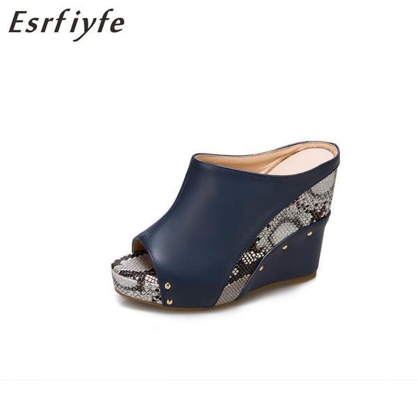 

2021 summer peep toe platform wedge slippers shoes women fashion high heel snakeskin grain hollow out female, Black