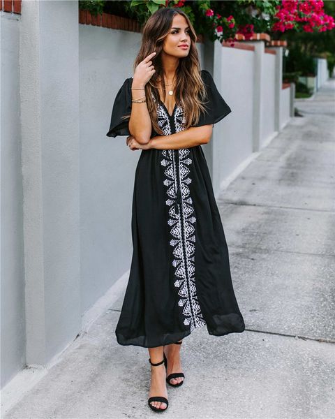 

women's swimwear embroidered black cotton tunic cover-ups beachwear kaftan v-neck butterfly sleeve summer beach coverup zxuw, White;black