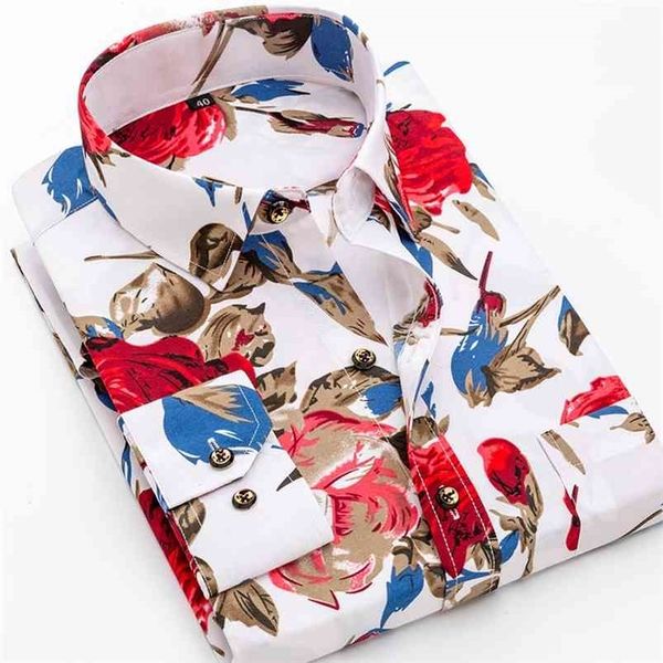 

design practical flower printed male casual summer long sleeve thin soft floral leisure men shirts 210721, White;black