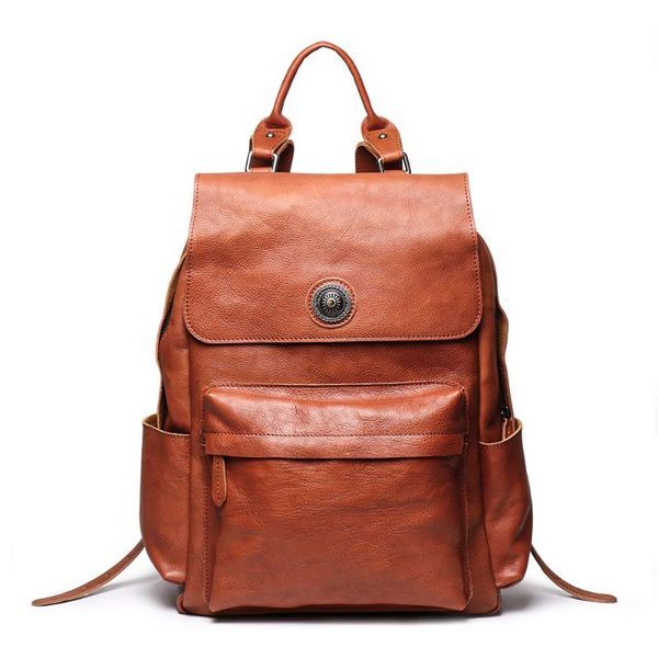 

backpack vintage simple genuine leather men's large capacity lapbagpack travel bookbags in brown color