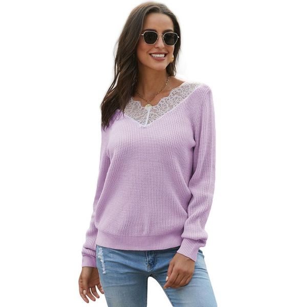 

rib knitted sweater women's spring autumn winter european and american v-neck long sleeve lace pullover sweaters, White;black
