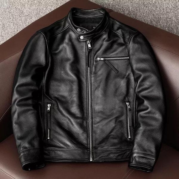 

men's leather & faux 2022 spring autumn vintage motorcycle jacket men genuine cowhide coat fashion moto biker 5xl a227, Black