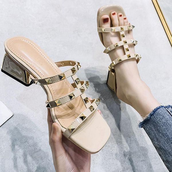 

sandals women shoes fashion summer high heels slides rivet slippers flip flops female casual for ladies 2021, Black