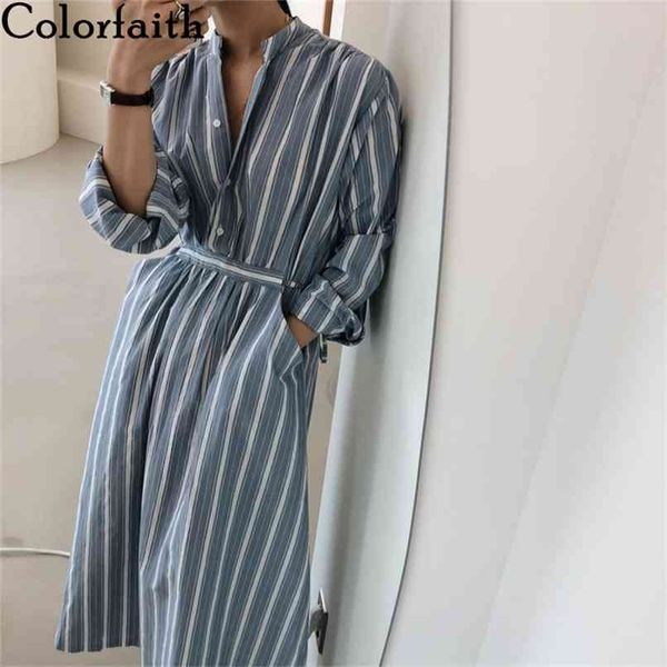 

women autumn winter shirt dresses casual striped stand collar oversize pockets lace up long dress dr7609 210427, White;black
