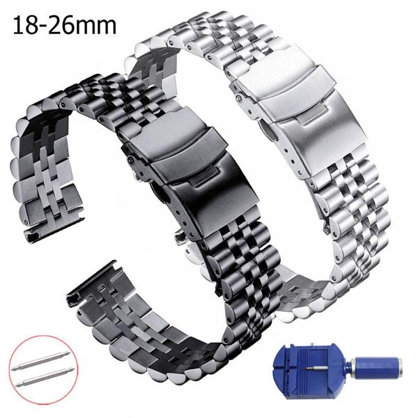 

watch bands stainless steel strap 18/20/22/23/24/26mm band bracelet silver black metal watchband with double clasp for men women, Black;brown