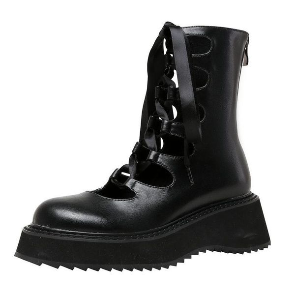 

boots genuine leather lace up band thick heels motorcycle platforms women ankle woman casual autumn winter shoes, Black