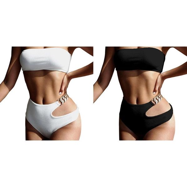 

one-piece suits a5kc women 2pcs bikini set strapless bandeau ribbed solid color swimsuit cutout high waist chain thong bathing suit
