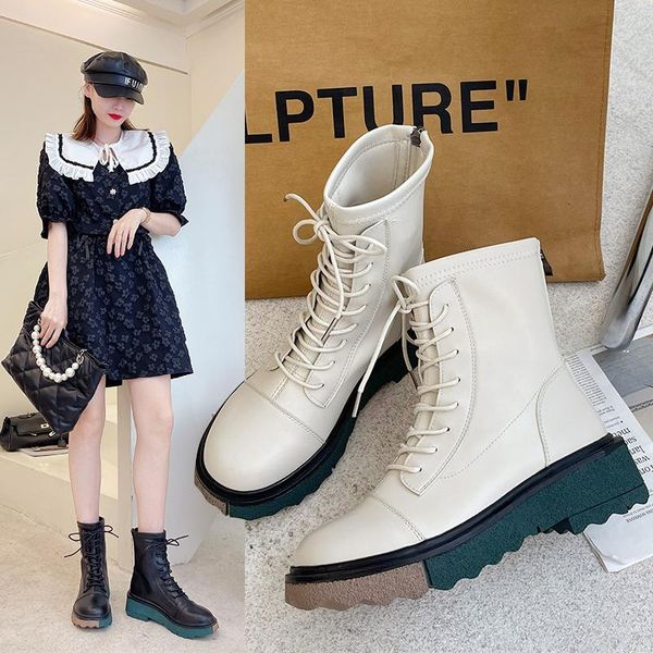 

boots women's ankle korean fashion solid color round toe lace thick heel, Black