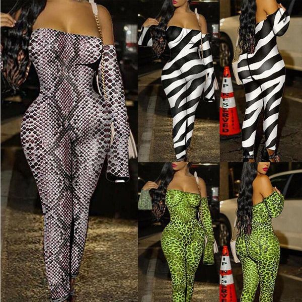 

clubwear autumn playsuit snakeskin print women romper off shoulder bodycon party trousers fitness jumpsuits, Black;white