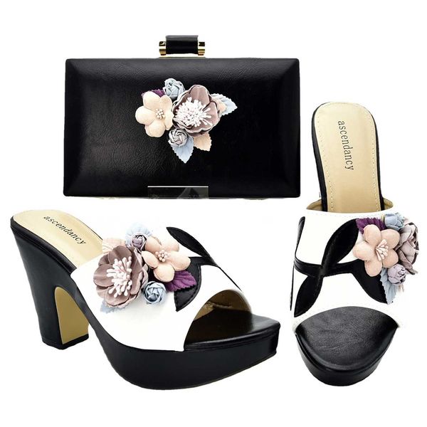 

2021 summer large black casual high-heeled fish mouth thick heel with handbag dinner bag artificial pu shoe bag