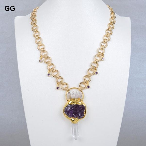 

pendant necklaces guaiguai jewelry natural purple amethysts quartzs druzy necklace gold color plated chain 20" for women, Silver