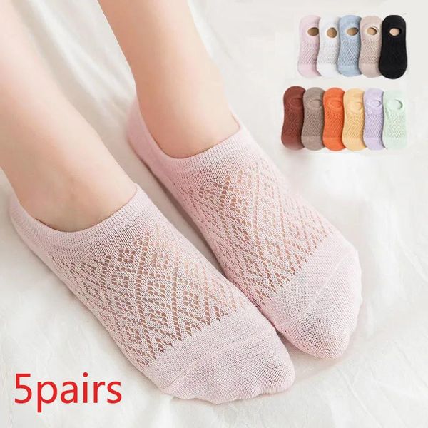 

sports socks 5 pairs womens solid color mesh spring summer cool breathable thin boat ladies non-slip invisible nude, Black