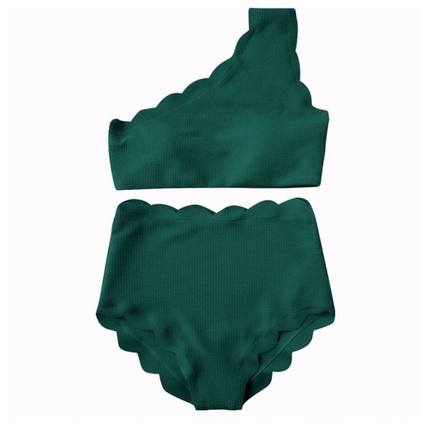 

women solid wavy edge swimwear scalloped flounced trim one-shoulder high waisted swimsuit two pieces bikini set 210712, White;black