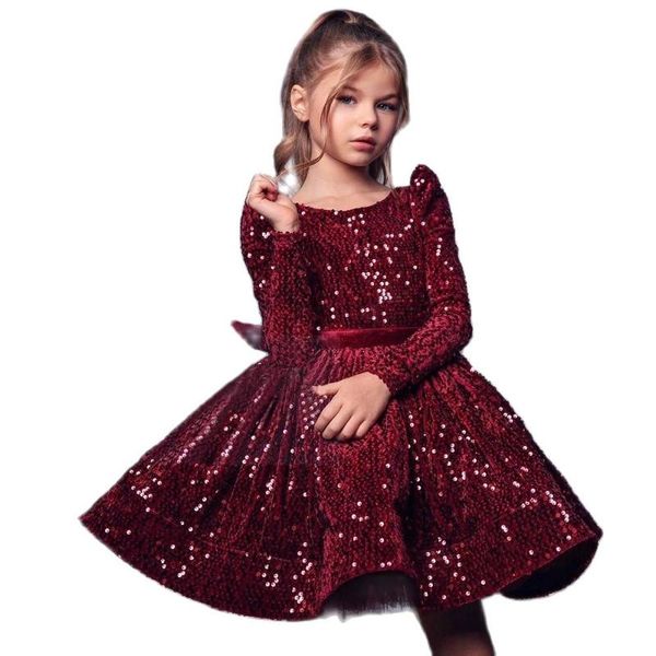 girl's dresses sequin burgundy baby girl dress velvet full sleeves flower knee length for girls bow puffy first communion, Red;yellow
